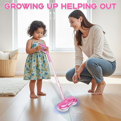 BLAXTEM Kids Electric Spray Spin Mop Toy, Rechargeable Cordless Electric Mop W/ Water Sprayer & LED Headlight for Children Girls & Boys, Cleaning Toy for Pretend Play (Pink)