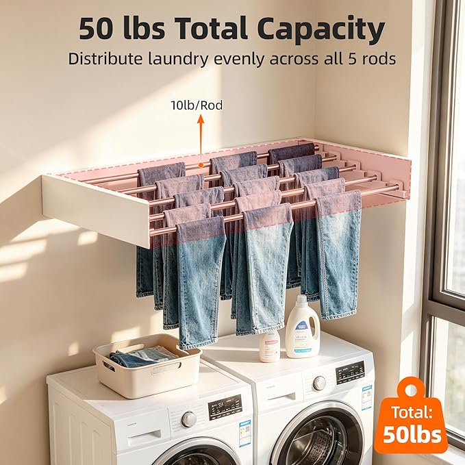 Wall Mounted Clothing Drying Rack 32“ Folds to 1.2” Ultra-Thin Space Saving Clothes Laundry Rack Holds 50 lbs Rust-Resistant Collapsible Space Aluminum for Apartment, RV, Laundry Room, White