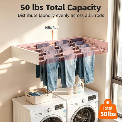 Wall Mounted Clothing Drying Rack 32“ Folds to 1.2” Ultra-Thin Space Saving Clothes Laundry Rack Holds 50 lbs Rust-Resistant Collapsible Space Aluminum for Apartment, RV, Laundry Room, White