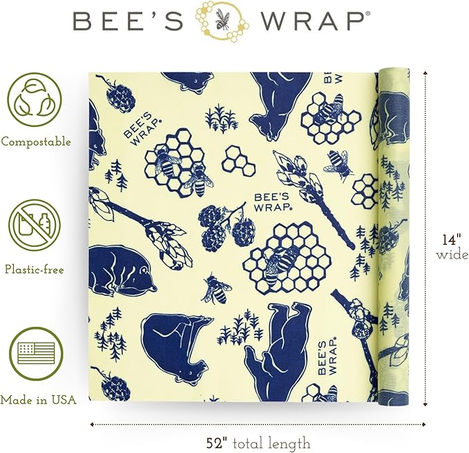 Bee's Wrap Beeswax Wraps for Food - Cut to Size 14x52" Beeswax Wrap Roll - Plastic Free Made in USA Reusable Natural Food Wrap - Bees & Bears
