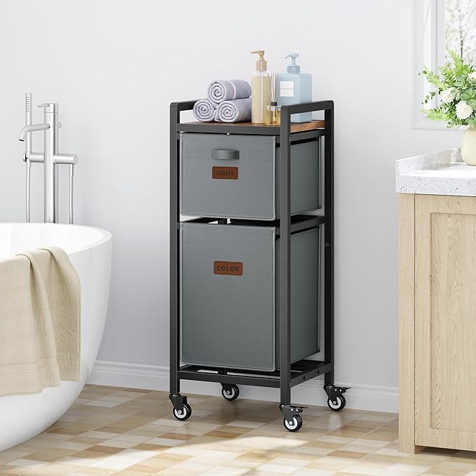 FAVOOSTY Laundry Hamper with Shelf, 70L Laundry Basket Organizer, 2 Section Laundry Sorter for Laundry Room Organization, Grey