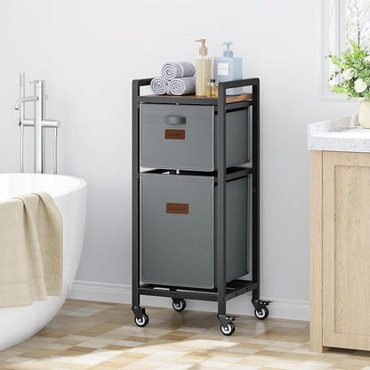 FAVOOSTY Laundry Hamper with Shelf, 70L Laundry Basket Organizer, 2 Section Laundry Sorter for Laundry Room Organization, Grey