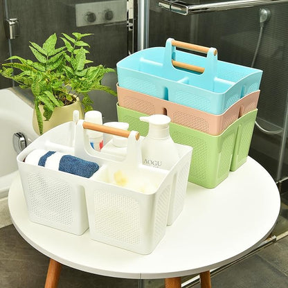 ALINK Portable Shower Caddy Basket with Compartments, Plastic Divided Cleaning Caddy Organizer Storage Tote with Handle for Bathroom, College, Dorm Room Essentials, Light Gray