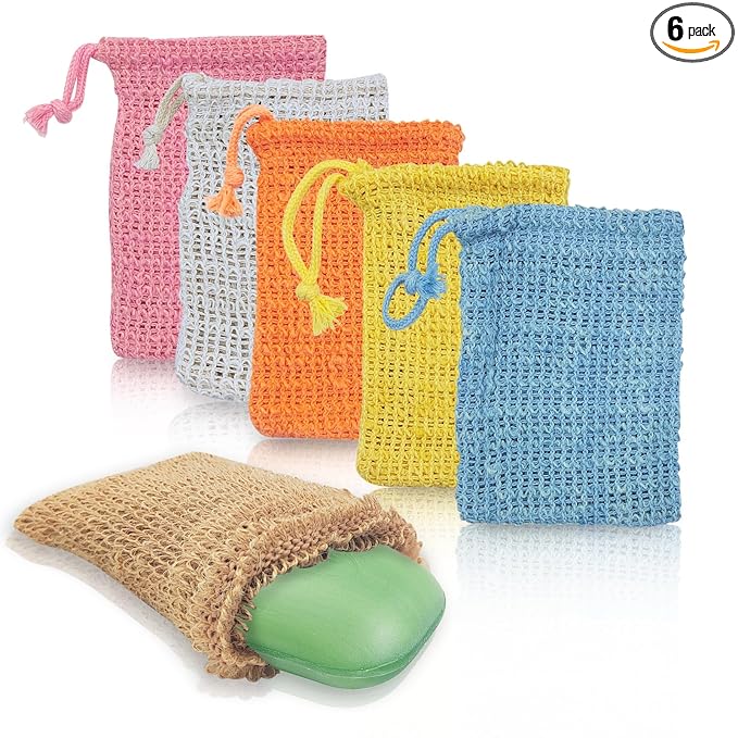 6PCS Sisal Soap Bags, Pouch Soap Saver for Foaming and Drying, Hangable Exfoliating Soaps Pouch with Drawstring for Shower Bath (3.5''x5.5'', Red, Yellow, Orange, Blue, Brown, Beige)