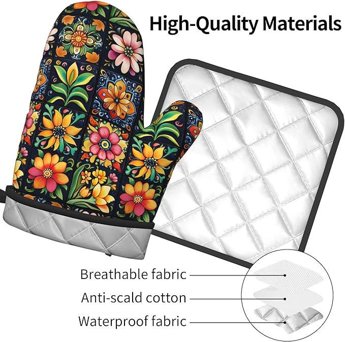 Mexican Oven Mitts and Pot Holders - Colorful Flowers Kitchen Mitt Sets of 2 Boho Oven Gloves Hot Pads for Cooking Baking Grilling