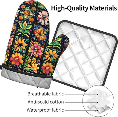 Mexican Oven Mitts and Pot Holders - Colorful Flowers Kitchen Mitt Sets of 2 Boho Oven Gloves Hot Pads for Cooking Baking Grilling