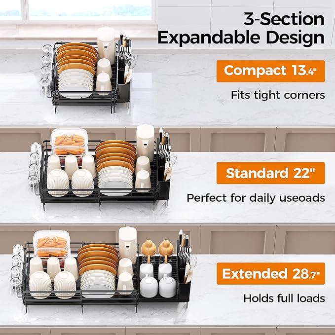 Delamu Stainless Steel Dish Drying Rack, Expandable Dish Drainer, Anti-Rust Large Dish Racks for Kitchen Counter, Dish Strainers with Drainboard, Utensil & Cup Holder, 13.4"-28.7" L x 11.8" W, Black