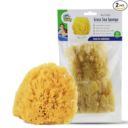 Baby Buddy Natural Baby Bath Sponge 4in Soft Grass Sea Sponge, Soft on Baby's Tender Skin, Biodegradable, Hypoallergenic, Absorbent Natural Sea Sponge, 2 Pack, Yellow