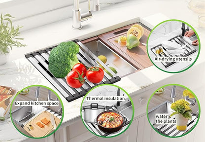 Over The Sink Kitchen Dish Drying Rack Organizer - Stainless Steel Collapsible Non-Slip Space-Saving [16.54 * 12.8IN] - Rust-Resistant Heat-Resistant Sturdy - Easy to Clean