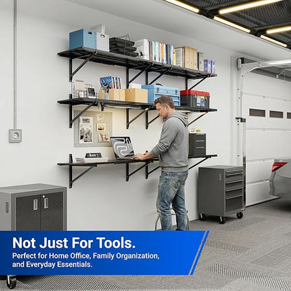 FLEXIMOUNTS 2-Pack 1x3ft Garage Shelving 14-inch-by-34-inch Perforated Wall Shelf, Heavy Duty Garage Storage Rack with 700 lbs Load Capacity, Wall Mounted Organization System for Tools, Heavy Bins