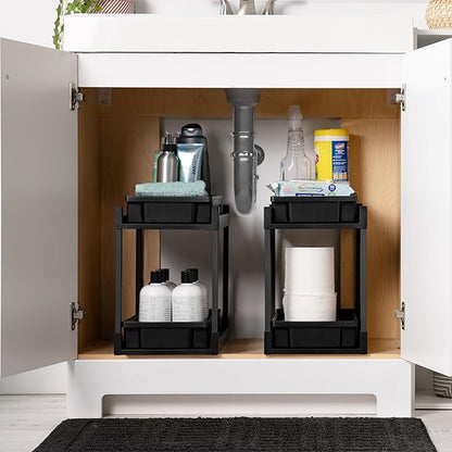 IRIS USA Under Sink Organizer, 2 Pack, Pull Out Under Cabinet Organizers and Storage, Kitchen Shelf Pantry Bathroom Under Counter, Cleaning Supplies, Vertical Spice Rack Slide Out Drawer, Easy Install