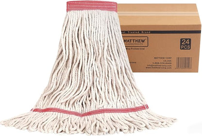 MATTHEW CLEANING Heavy Duty Mop Head Commercial Replacement for General and Floor Cleaning, Wet Industrial Blue Cotton Looped End String Head Refill (Case of 24) White