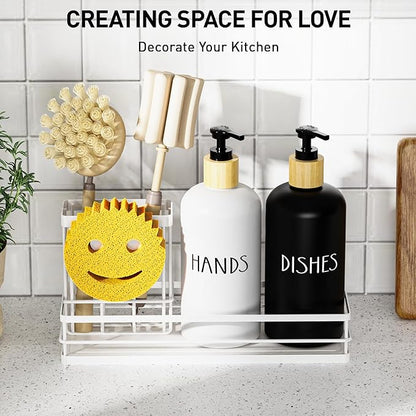 Moforoco Kitchen Dish Soap Dispenser Set, 16OZ Glass Bottle, Hand and Dish Soap Dispenser Set, Instant Dry Tray, Brush Holder with Smiley Face Sponge Holder (White Tray+Black&White Bottle)