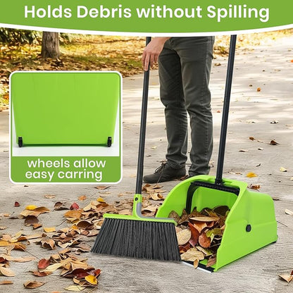 (3PK) Jumbo Commercial Broom and Dustpan Set with Large Standing Scoop Dustpan and Heavy Duty Broom, Long Handle, for Indoor/Outdoor Floor Cleaning, Janitor Supplies