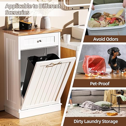 AHB 13 Gallons Tilt Out Trash Cabinet, Hidden Trash Can Cabinet Kitchen Wooden Tilt Out Pet Proof Hidden Trash Bin for Kitchen Living Room, White