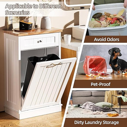 AHB 13 Gallons Tilt Out Trash Cabinet, Hidden Trash Can Cabinet Kitchen Wooden Tilt Out Pet Proof Hidden Trash Bin for Kitchen Living Room, White