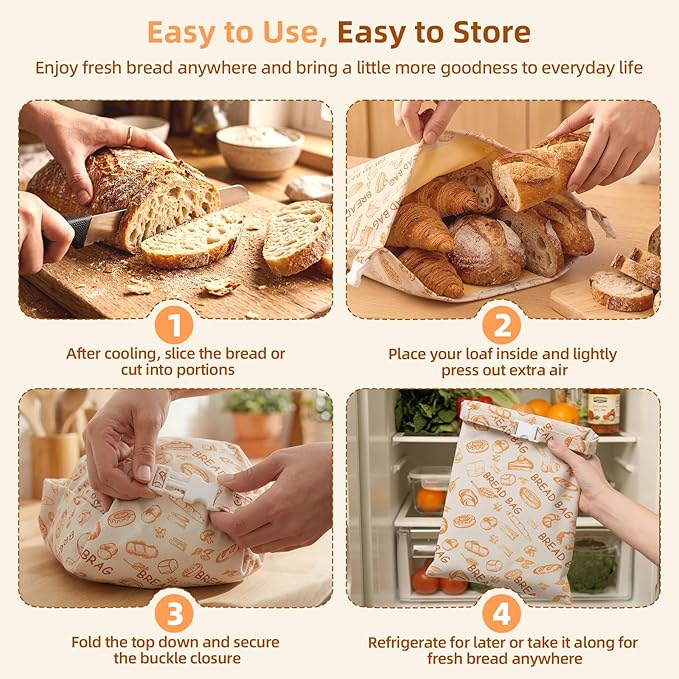 2 Pack Beeswax Bread Bags for Homemade Sourdough Bread, Includes 2 Wraps, 17×13 Inches Organic Cotton Bread Storage Bags, Keeps Bread Fresh, Ideal for Bakers, Kitchen, Travel (Bread Print)