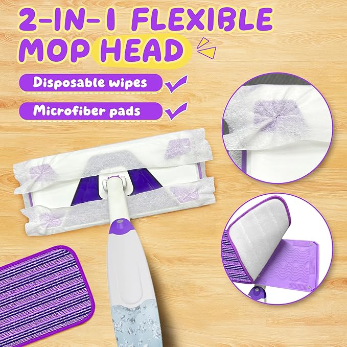 2 Set Toy Mop for Kids - Toddler Real Spray Flat Floor Mop Montessori Cleaning Toy Set, Educational and Fun Gifts for Boys and Girls Ages 4+