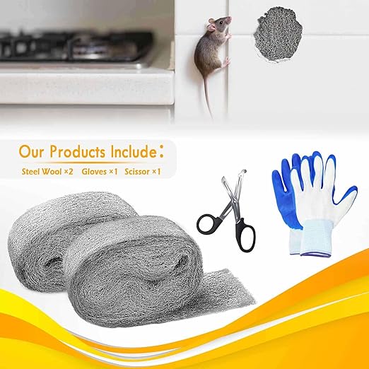 AJART Steels Wools Mice Control - #0000 Steel Wool Metal Fabric Mesh - As Gaps Fillers to Keep Mice Away - Protection for Siding, Pipelines, Garden Vents and Garages - 2Pcs