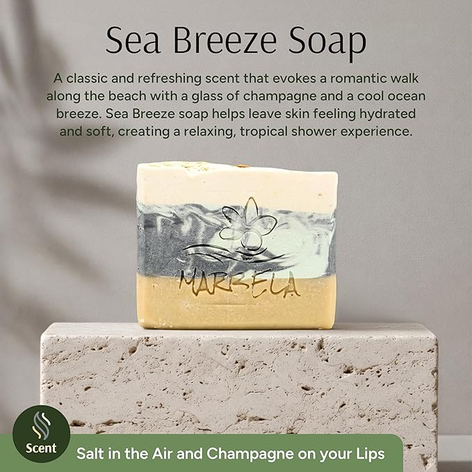 Marbela Cosmetics Handmade Soap Bar - Made in USA, Vegan Friendly, Palm Oil Free, Natural Bar Soap - Gentle Face & Body Soap for Daily Skin Care, Moisturizing & Nourishing - 3.5 oz (Sea Breeze)