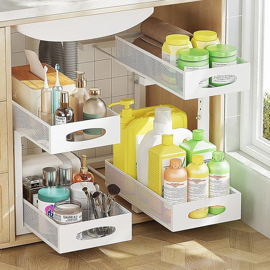 2 Pack Under Sink Pull Out Organizer, 2-Tier Adjustable Height Carbon Steel Storage Rack for Kitchen and Bathroom Cabinet, White