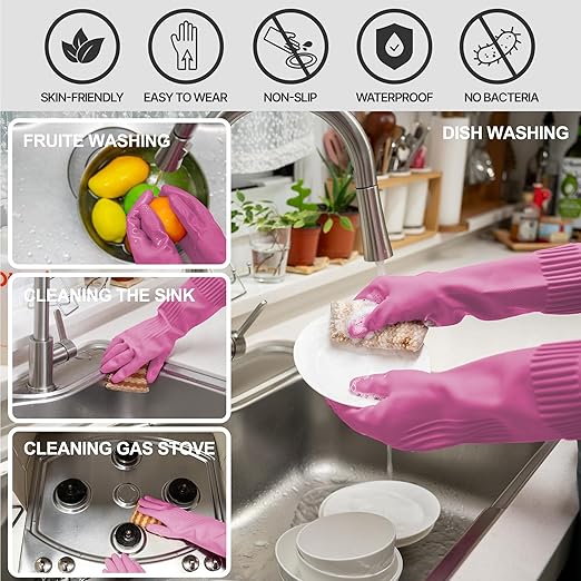DABOGOSA Mamison 2 Pairs Reusable Waterproof Household Dishwashing Cleaning Rubber Gloves, Non-Slip Kitchen Glove (Pink, Small (Pack of 2))