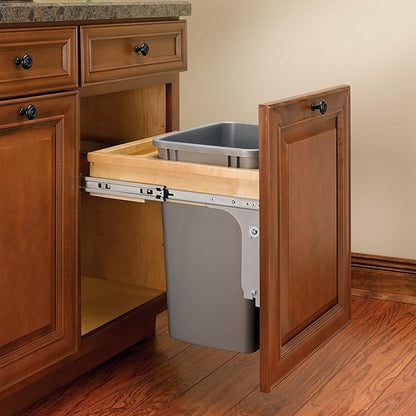 Rev-A-Shelf Top Mount Single Pullout Under Cabinet 35 Quart Kitchen Trash Can w/Storage & Reduced Depth, 150 Pound Rated Full-Extension Slides, 4WCTM-1816DM-1