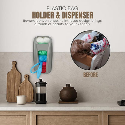 KICHLY Plastic Bags Holder, Durable Grocery Plastics Dispenser, Storage Organizer & Saver for Grocery, Shopping & Trash Bags, Wall Mount, Grey