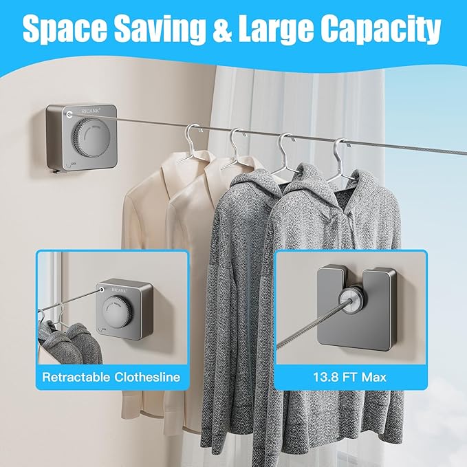 Retractable Clothesline Indoor - Non-Sagging Retractable Clothesline Outdoor - Retracting 13.8 Ft Heavy Duty Drying Clothes Line - Wall Mounted Stainless Steel Laundry Line (Gray, Square)