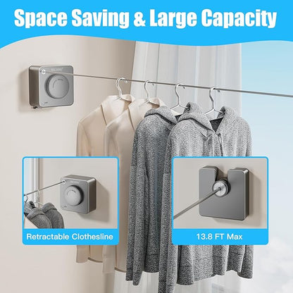 Retractable Clothesline Indoor - Non-Sagging Retractable Clothesline Outdoor - Retracting 13.8 Ft Heavy Duty Drying Clothes Line - Wall Mounted Stainless Steel Laundry Line (Gray, Square)