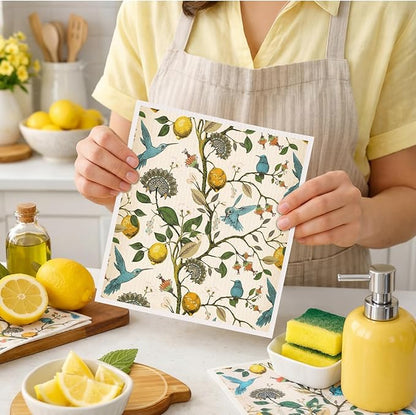 Sliner Swedish Lemon Birds Dishcloths for Kitchen Dish Towels 6 Pack Reusable, Machine Washable Non-Scratch Reusable Paper Towels Absorbent Washable Dish Cloths