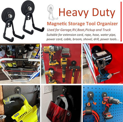 ULIBERMAGNET Heavy Duty Magnetic Garage Hooks,4 Pack Strong Large Magnet Hook for Power Drill,Garden Tools,Hose,Pegboard,Garage, Workshop,Magnetic Storage Hooks for Indoor Outdoor Hanging(Black)