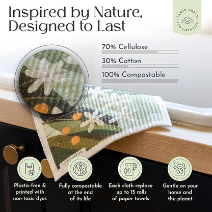 Swedish Dishcloths – Wildflower Garden Floral Designs – Reusable Compostable Cellulose Sponge Cloth – Eco-Friendly Paper Towel Alternative 3 Pack