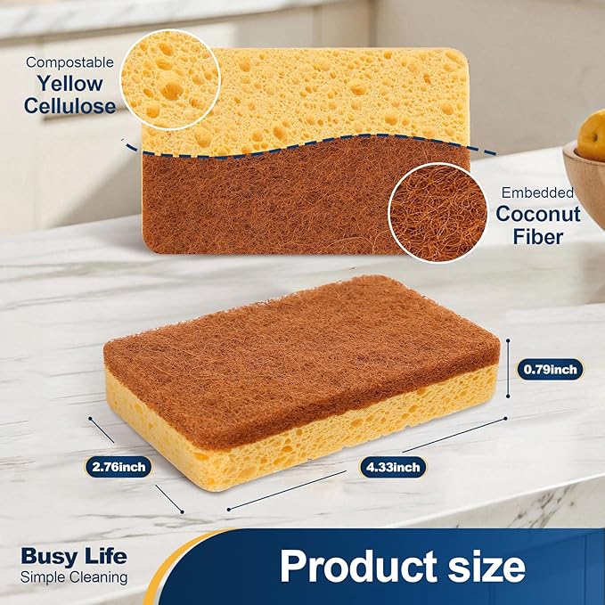 Yocada Cellulose Sponge 12 Pack Biodegradable Natural Kitchen Sponge Dual-Action Cleaning Sponge Compostable Cellulose and Coconut Walnut Non-Scratch Scrubber Sponge for Dishes Pans Pots