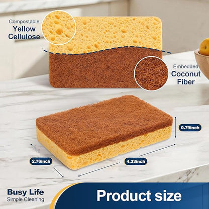 Yocada Cellulose Sponge 12 Pack Biodegradable Natural Kitchen Sponge Dual-Action Cleaning Sponge Compostable Cellulose and Coconut Walnut Non-Scratch Scrubber Sponge for Dishes Pans Pots