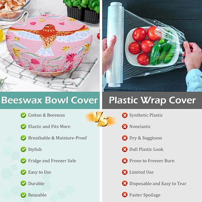5-Size Reusable Beeswax Bowl Covers for Bread Proofing, Cotton Cloth Flexible Beeswax Wraps for Food Storage(Floral Bird)