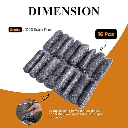 Steel Wool Grade # 000 - Extra Fine Grade - 16 Pads Multi-use for Buffing, Waxing, Polish, Multi-Purpose (#000-16 Pads)