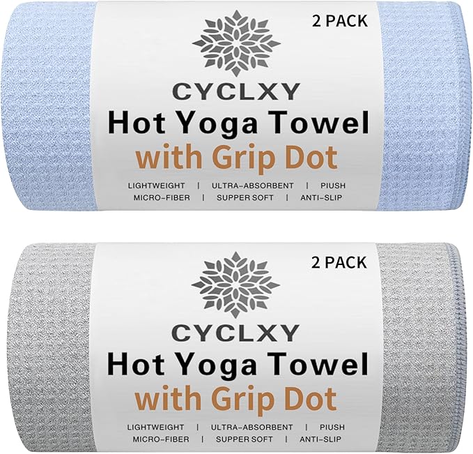 2 Pack Hot Yoga Towel with Grip Dot，Stickyfiber Yoga Mat Towels Non Slip for Hot Yoga,Absorbent Microfiber Sweat Anti-Slip Cover,Bikram,Pilates,Exercise,Fitness