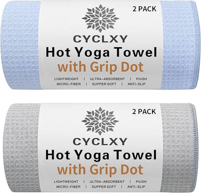 2 Pack Hot Yoga Towel with Grip Dot，Stickyfiber Yoga Mat Towels Non Slip for Hot Yoga,Absorbent Microfiber Sweat Anti-Slip Cover,Bikram,Pilates,Exercise,Fitness