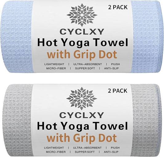 2 Pack Hot Yoga Towel with Grip Dot，Stickyfiber Yoga Mat Towels Non Slip for Hot Yoga,Absorbent Microfiber Sweat Anti-Slip Cover,Bikram,Pilates,Exercise,Fitness