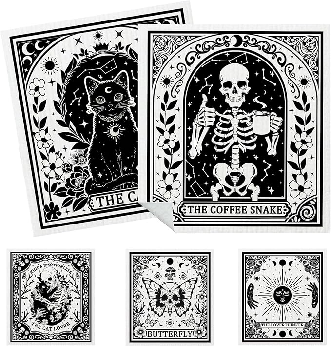5 Pack Mixed Gothic Skeleton Swedish Kitchen Dishcloths Dish Towels, Tarot Card Pattern Dish Towels Kitchen, Swedish Dishcloth, Paper Towels Reusable, Dish Cloth Towel Cleaning Wipe for Home