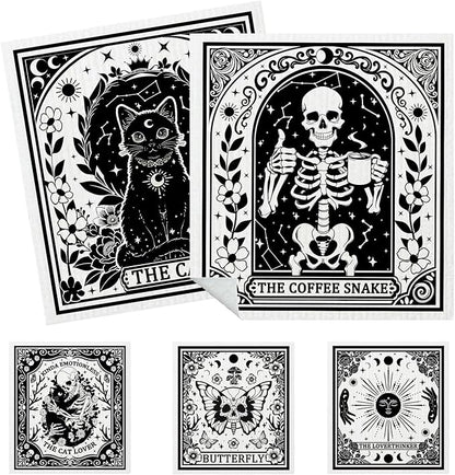 5 Pack Mixed Gothic Skeleton Swedish Kitchen Dishcloths Dish Towels, Tarot Card Pattern Dish Towels Kitchen, Swedish Dishcloth, Paper Towels Reusable, Dish Cloth Towel Cleaning Wipe for Home