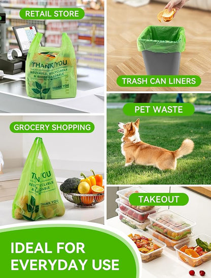 UMT Plastar 200 Count Biodegradable T-Shirt Bags, Compostable Thank You Grocery Bags, Eco Friendly Plastic Shopping Bags, 11.5 x 6.25 x 21 Inch, 16 Mic Heavy Duty Retail Carry Out Bags