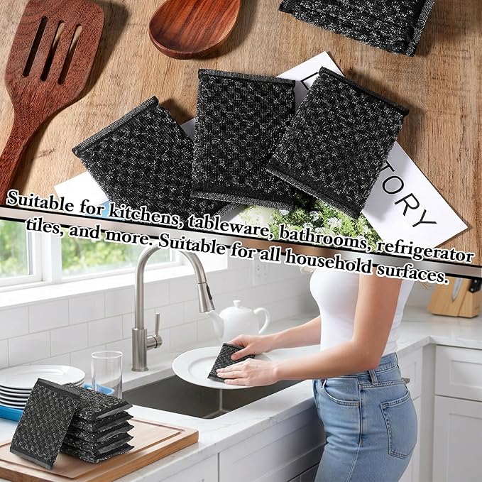 6 Pack Steel Wool Scrubber Sponges, Heavy Duty Stainless Steel Scouring Pads Reusable Non Scratch Kitchen Metal Sponges Cleaning Tool for Pots and Pans Tough Grease & Grime (Black, Diamond Pattern)