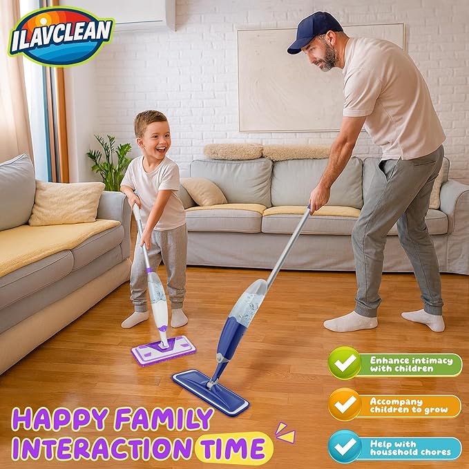 2 Set Toy Mop for Kids - Toddler Real Spray Flat Floor Mop Montessori Cleaning Toy Set, Educational and Fun Gifts for Boys and Girls Ages 4+