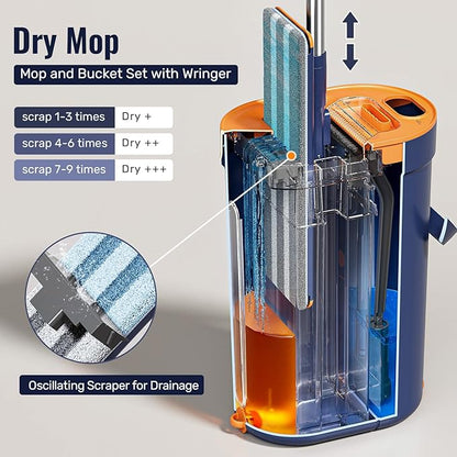 HoMettler Mop and Bucket Set with Wringer, 3-Tank Flat Mop and Bucket System, Wall Mop Cleaner with Long Handle, Hands Free Mops for Floor Cleaning with 8 Microfiber Pads