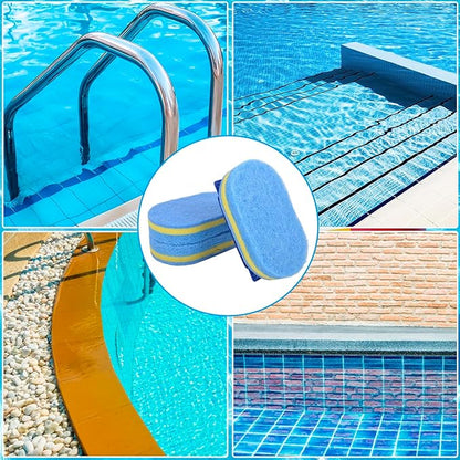 4Pcs Handled Pool Scrubber Brush - Pool Scrub Brush Set with 3 Thicker Replaceable Sponge Pads, Non-Scratch Pool Bathroom Cleaning Brush for Swimming Pool Step Liner, Shower Tile, Bathtube