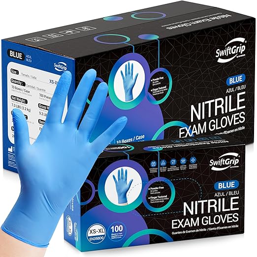 SwiftGrip Nitrile Disposable Exam Gloves, Blue, Medical, Cleaning, Food-Safe, Powder Free, Non-Sterile, 1000-ct Case (Small)