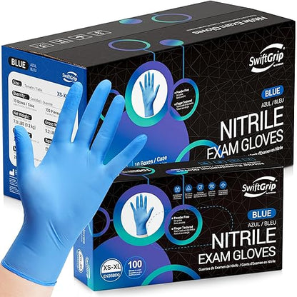 SwiftGrip Nitrile Disposable Exam Gloves, Blue, Medical, Cleaning, Food-Safe, Powder Free, Non-Sterile, 1000-ct Case (Small)