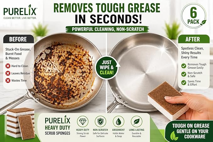 Heavy Duty Scrub Sponges for Dishes – Non-Scratch Kitchen Sponges, Tough on Grease, Safe for Nonstick Cookware, Multi-Purpose Cleaning Sponge (6 Pack)